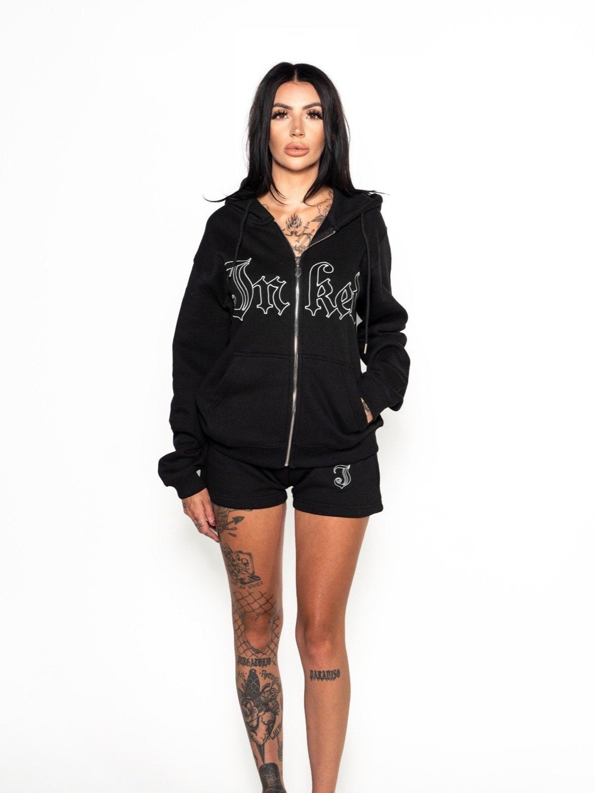 Women&#39;s Inked Embroidered Zip Up Hoodie - Black/White