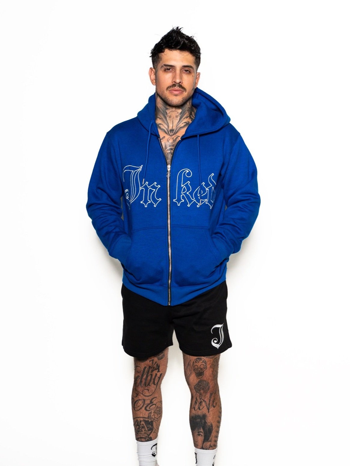 Men&#39;s Inked Embroidered Zip Up Hoodie - Blue/White